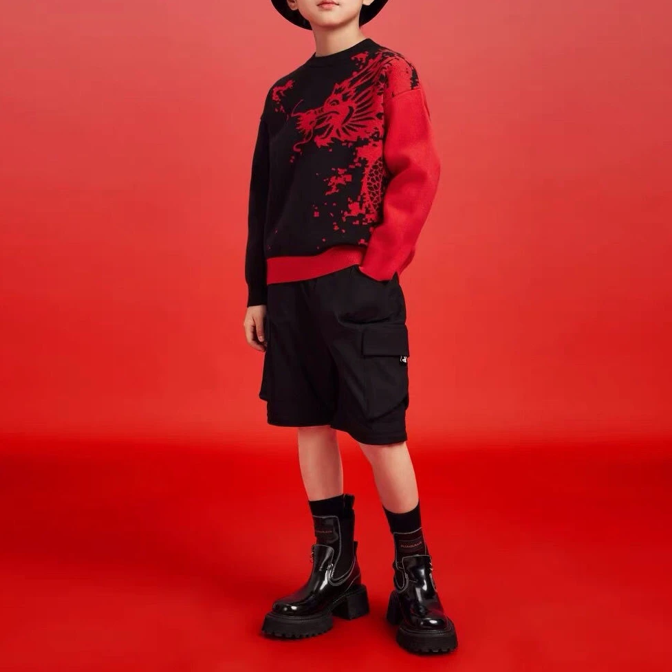 秋冬儿童装男童圆领红色毛衣2024春装新款大童龙宝宝新年毛衫上衣