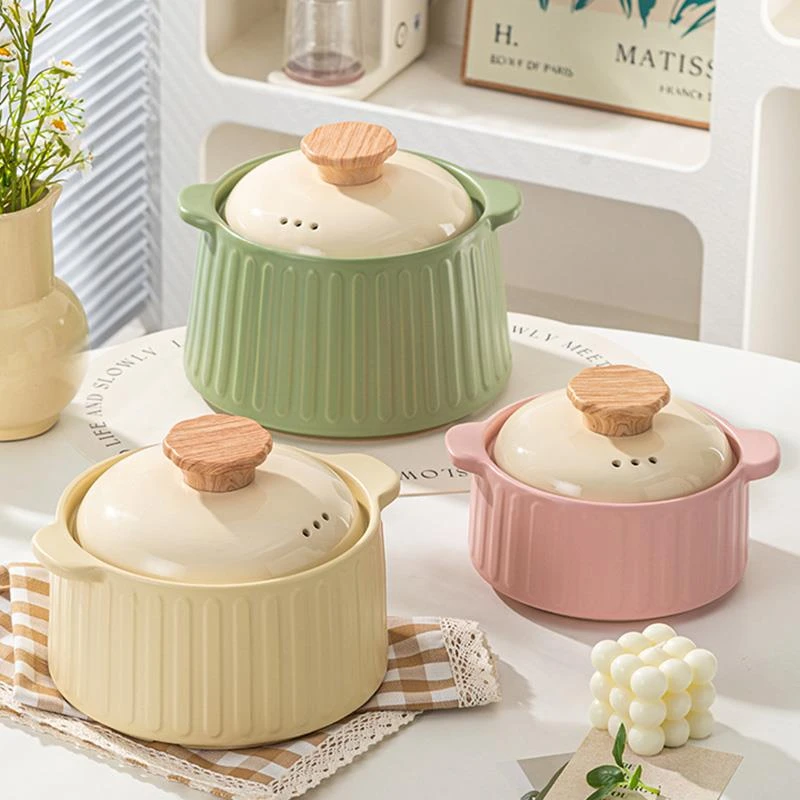 奶油风竖纹陶瓷砂锅耐高温煤气灶专用炖锅家用煲仔饭炖汤燃气炖锅