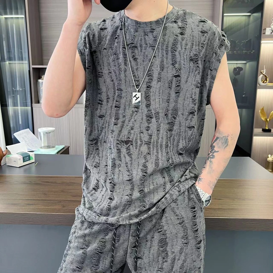 夏季济公破洞丹麦琉璃沙冰丝休闲短袖短裤男女情侣款男士夏装套装