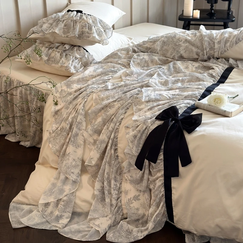 慕逸【茶奈纱】全棉纯棉床裙款四件套磨毛贡缎 秋冬款法式床上用品