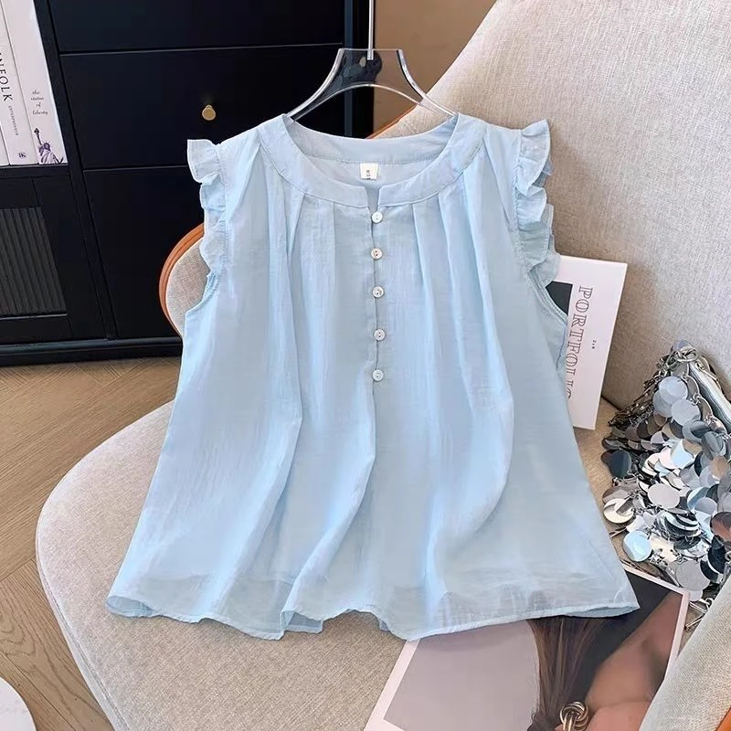 韩系小众蓝色衬衫女夏慵懒木耳边无袖衬衣法式圆领压褶飞飞袖上衣