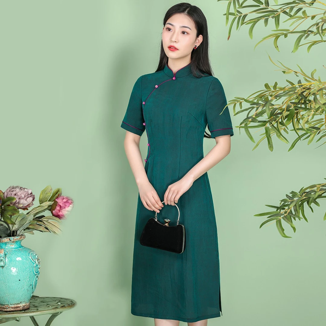 （崔万志旗袍）100分 龟裂纹香云纱旗袍连衣裙 WZ5109