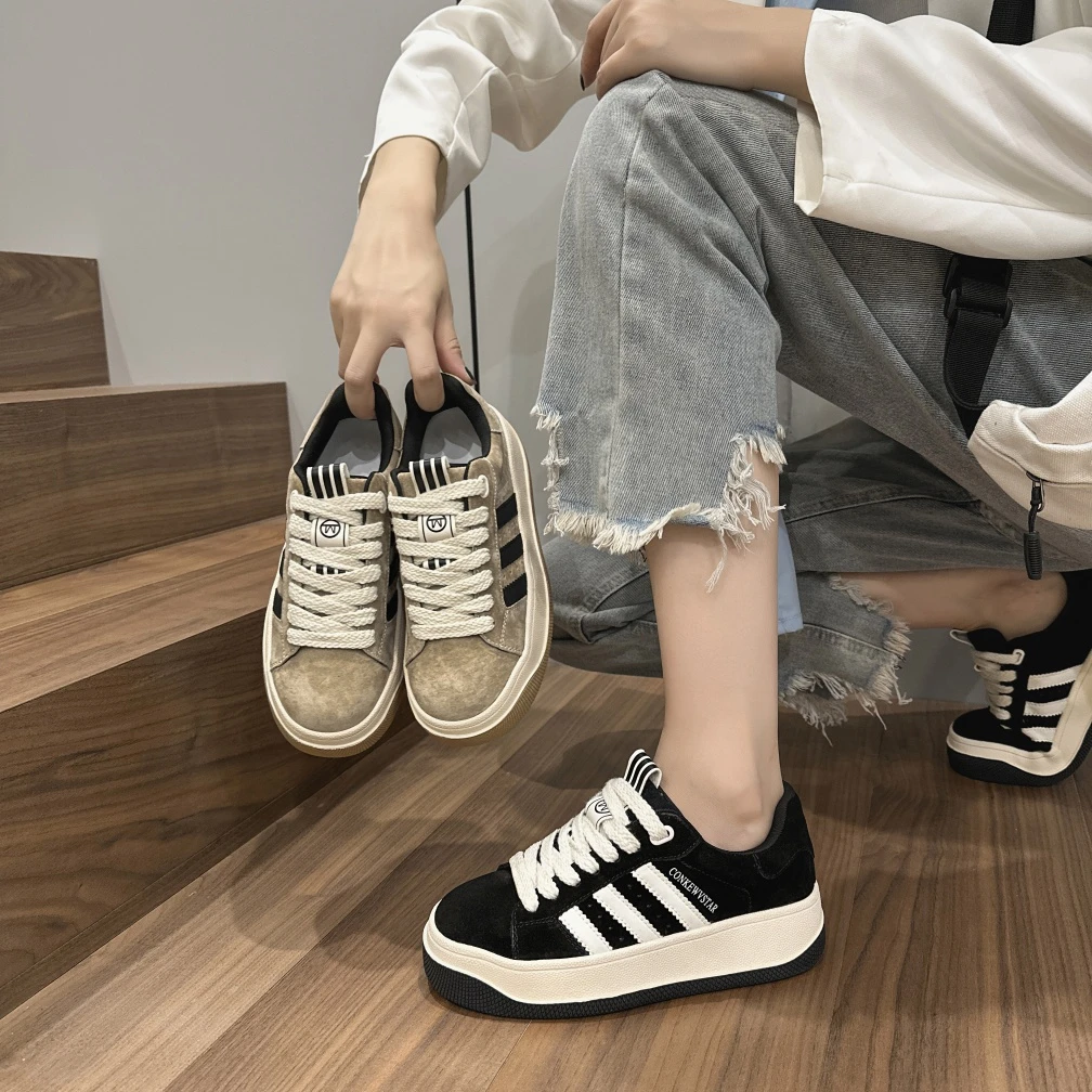 2024秋季新款百搭复古圆头低帮系带厚底真皮松糕休闲平底时尚女鞋