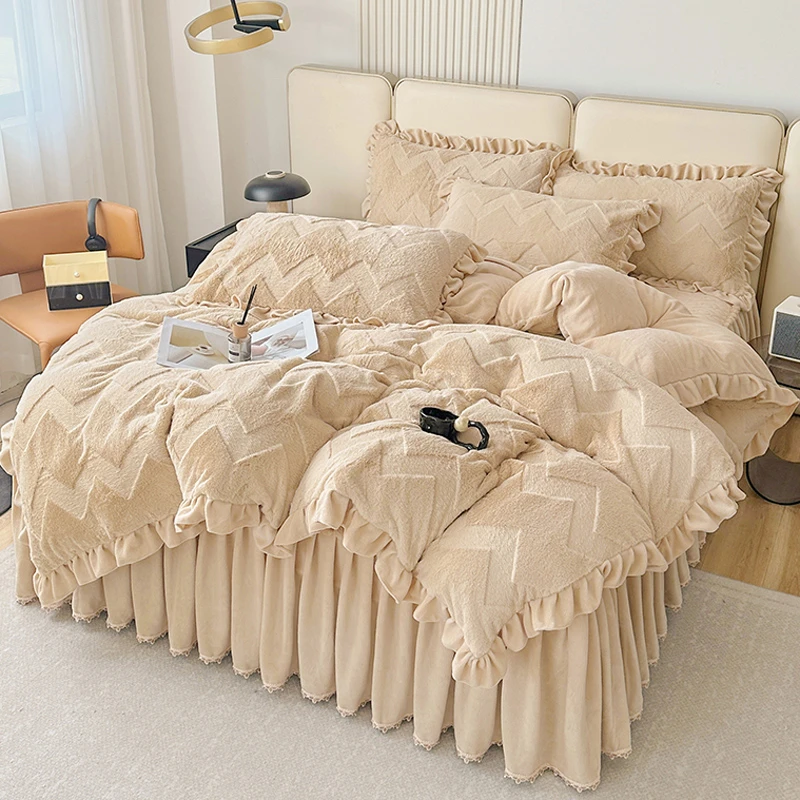 冬季高端绒床裙四件套加厚双面珊瑚牛奶绒被套高级感花边保暖纯色