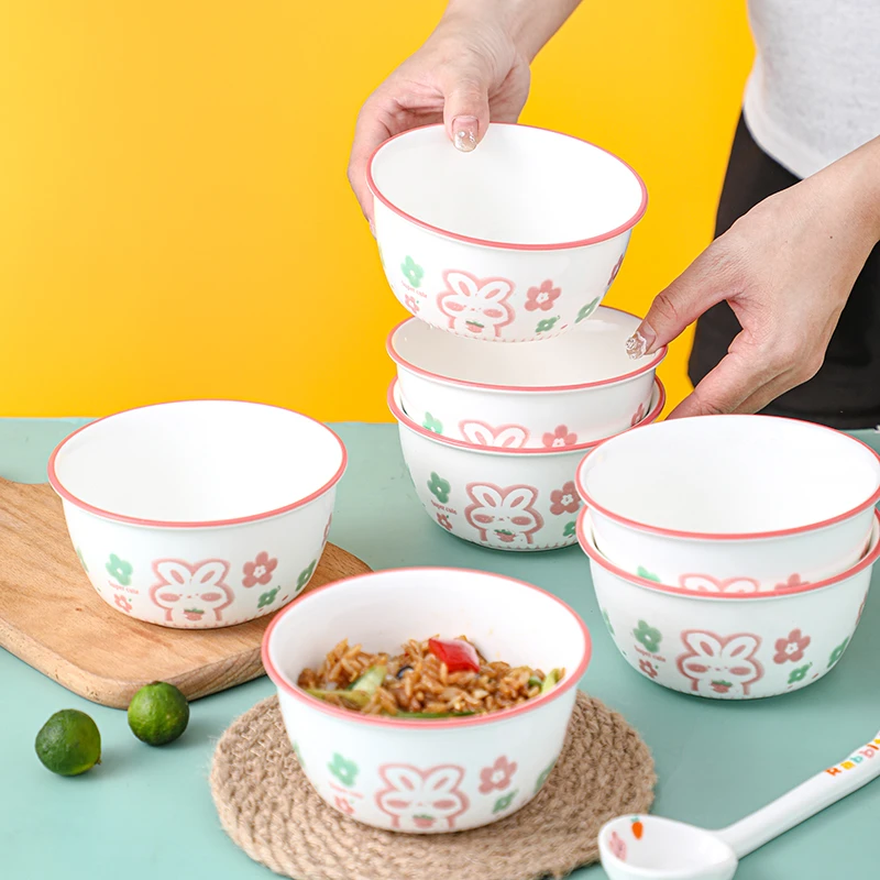 【怀美】陶瓷米饭碗卡通汤碗家用陶瓷沙拉碗北欧风粉萌兔5英寸