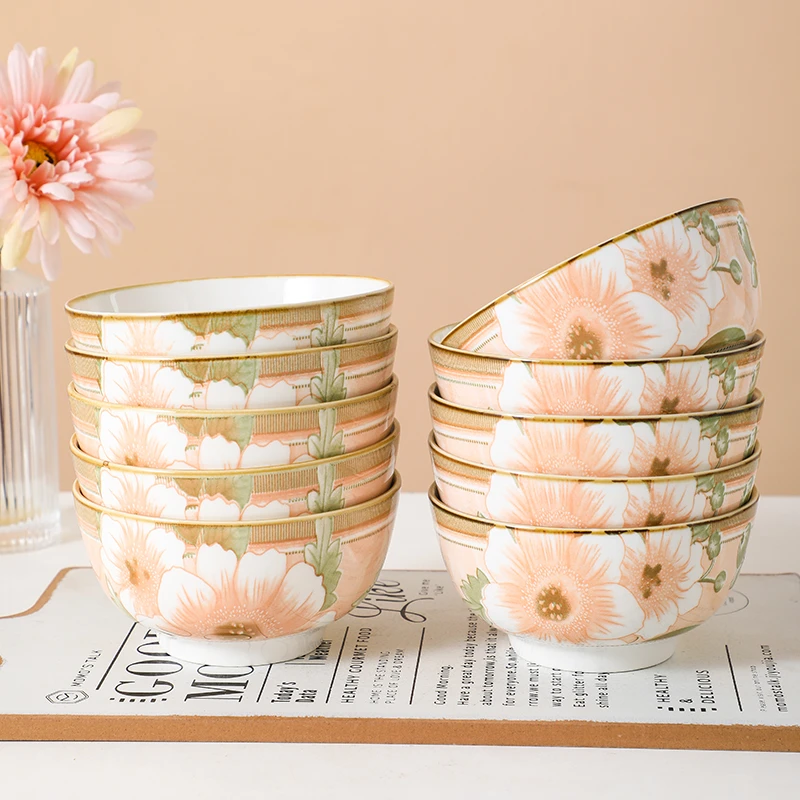 4.5英寸米饭碗10只装山茶花陶瓷碗米饭碗家用吃饭碗【zy】