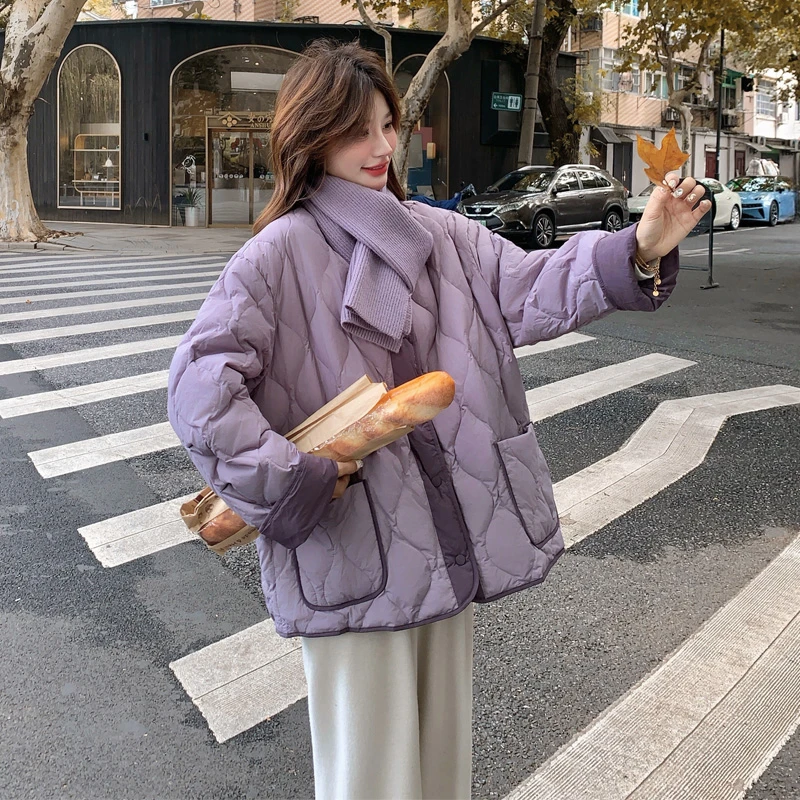 爆款紫色菱形格羽绒服女小个子冬季新款韩版设计感围巾白鸭绒外套