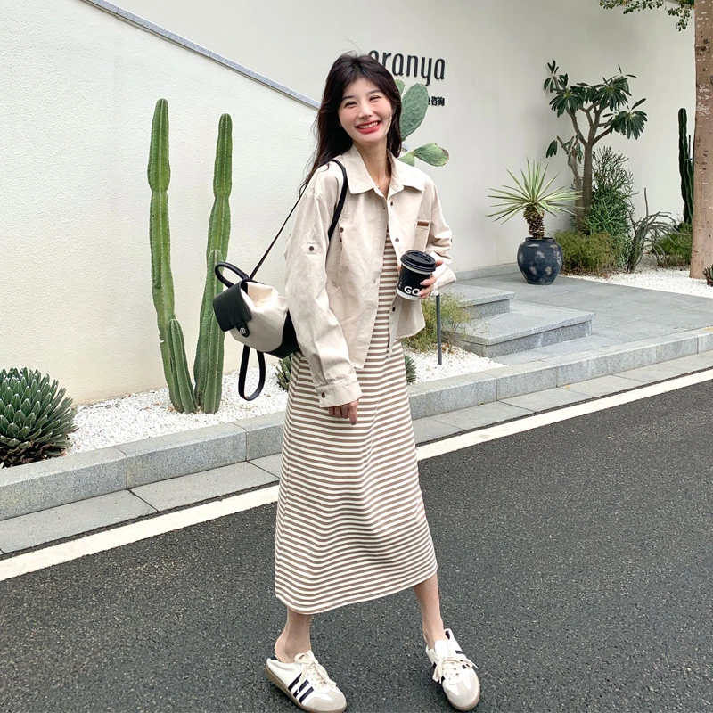 韩风chic套装裙女2024初秋新款今年流行超好看衬衫外套条纹背心裙