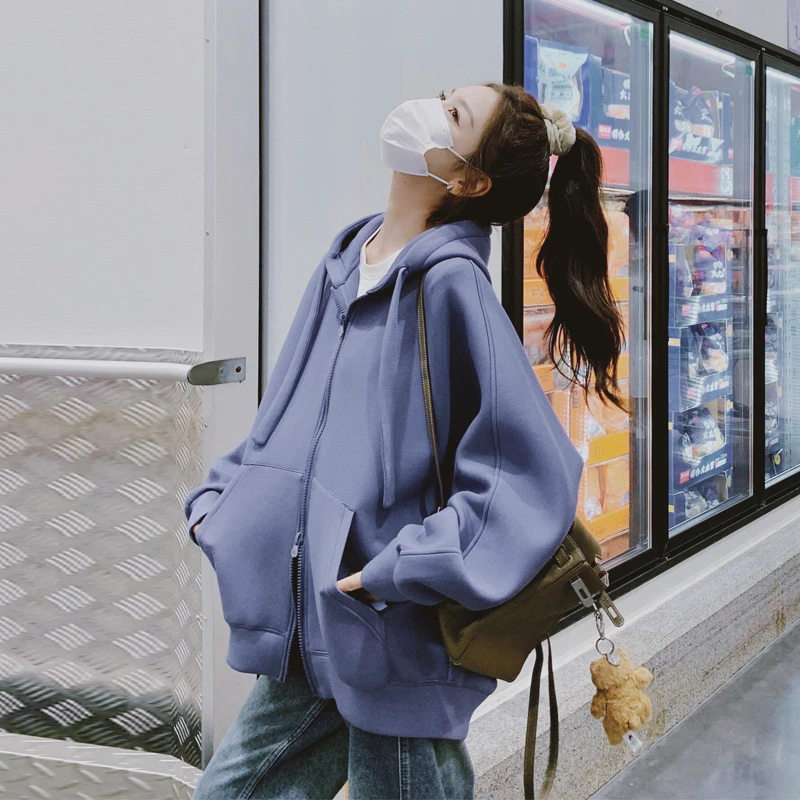 雾蓝紫连帽卫衣女2024早秋新款休闲运动慵懒风韩系穿搭小个子外套