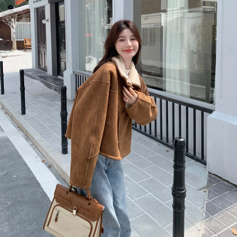 两面穿皮毛一体外套女2024冬季新款复古加厚麂皮绒韩系通勤风棉衣