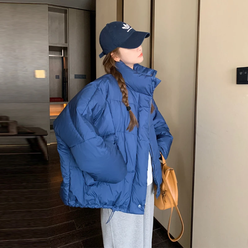 羽绒服女2025冬季新款克莱因蓝显白设计感抽绳加厚白鸭绒面包服潮