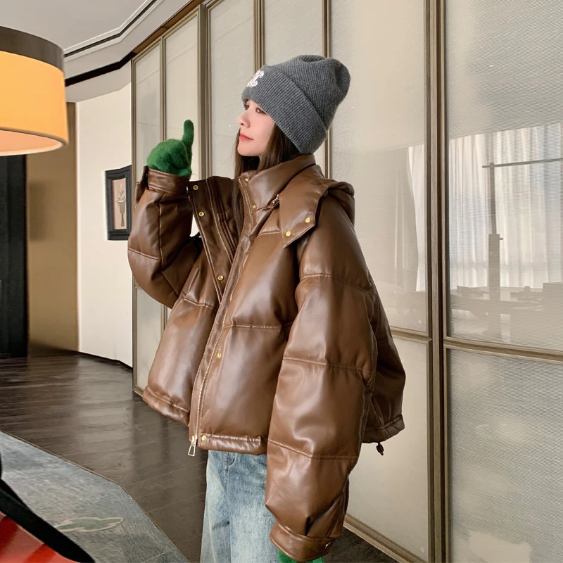 美拉德咖色羽绒服女2024冬季新款休闲甜酷风加厚白鸭绒皮衣面包服