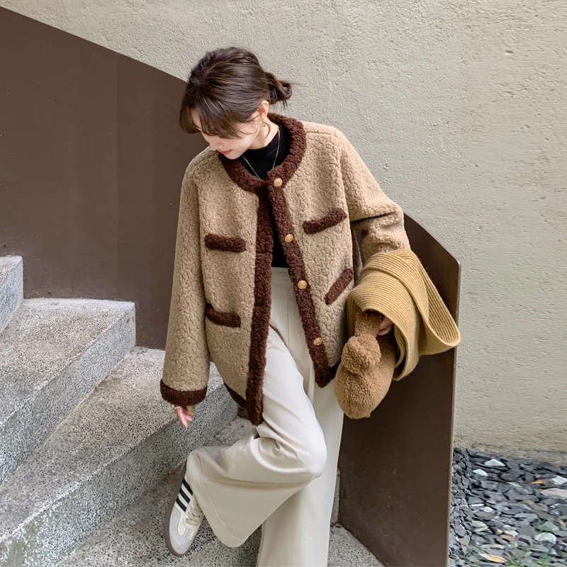 小香风皮毛一体外套女2024冬季新款氛围感韩系穿搭撞色加厚棉衣潮