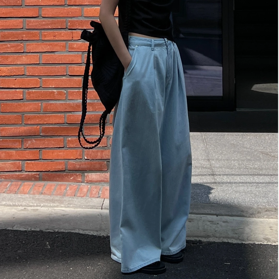 194｜春夏｜BAKGWANGYUU韩系简约夏季新款阔腿牛仔裤浅色宽松百搭