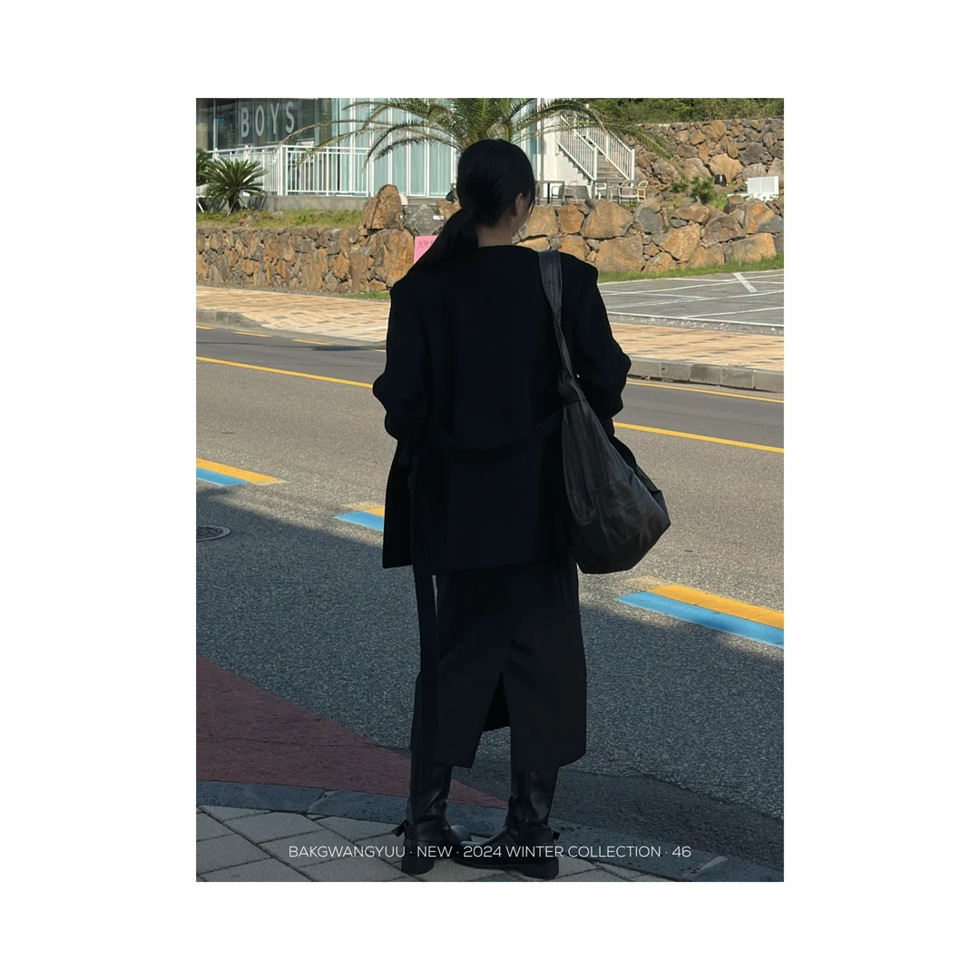 BAKGWANGYUU | 直角肩气质黑无领西装毛呢外套 | 2446