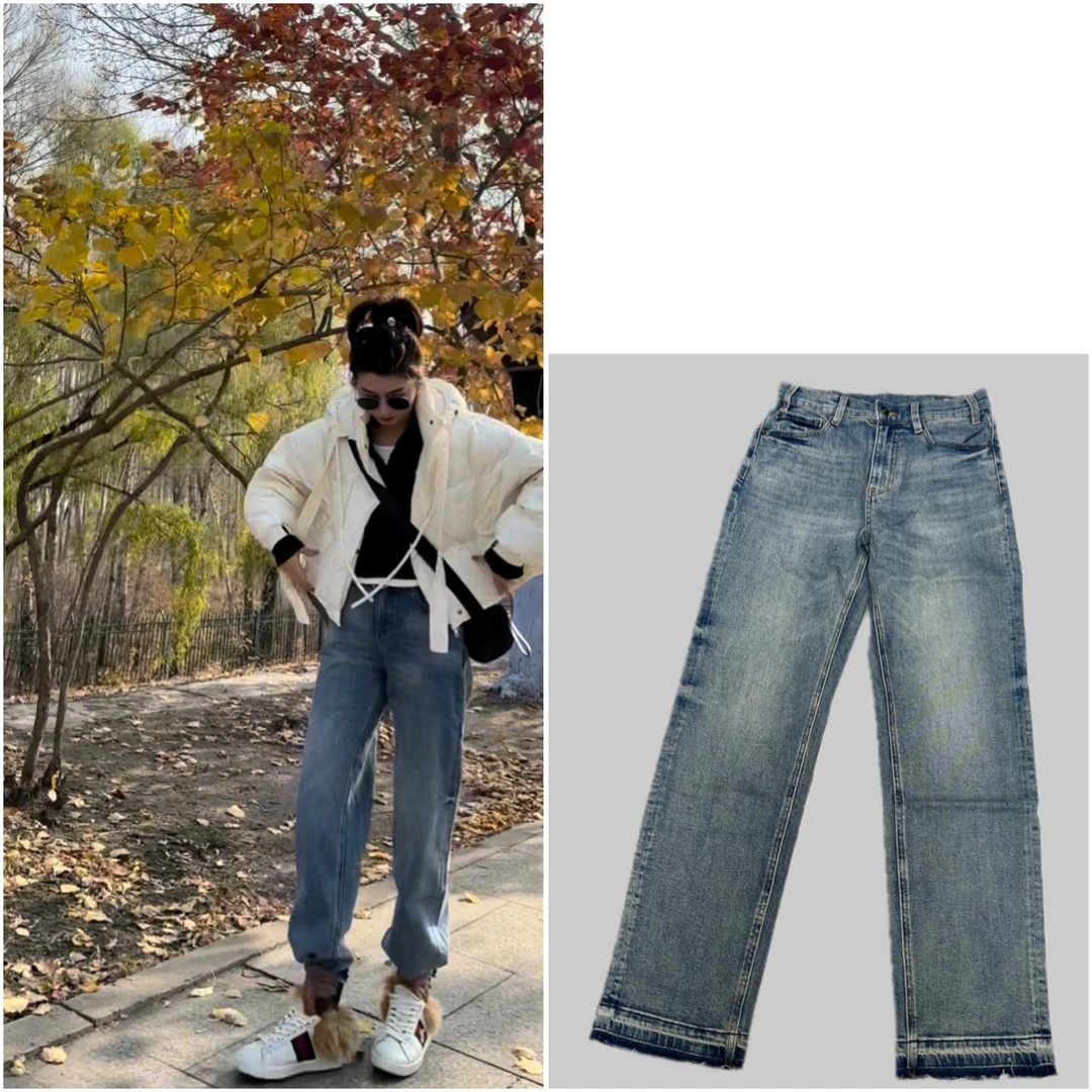 《允熙》深圳南油复古水洗裤脚边渐变色四季款窄版直筒显瘦牛仔裤