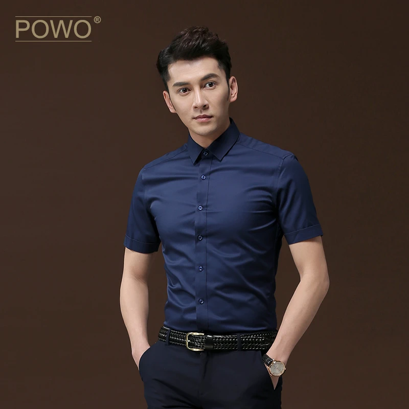POWO衬衫男士短袖深蓝韩版修身薄款衣服商务休闲男装寸衫夏季衬衣