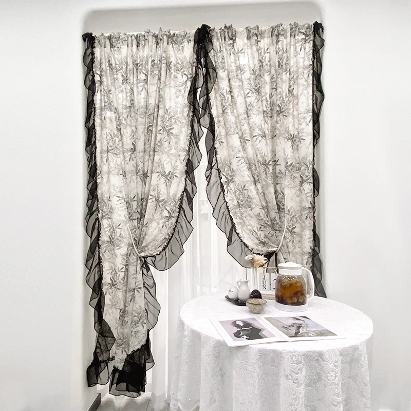 美式田园风窗帘荷叶边小清新碎花免打孔纱帘卧室复古窗帘蕾丝柔软