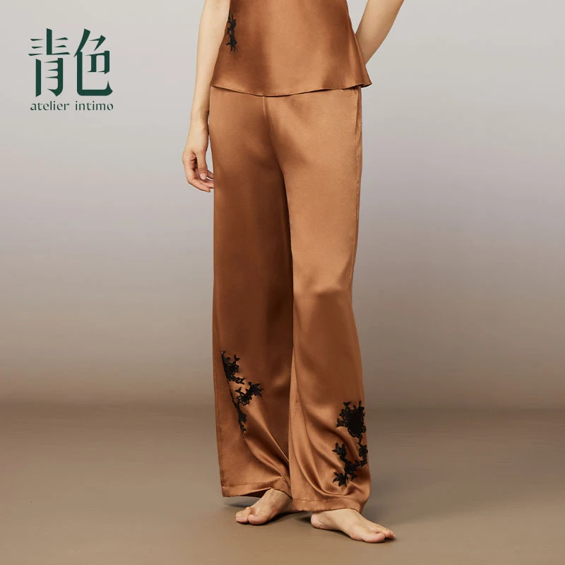 atelier intimo/青色【蔓延真丝长裤】蕾丝拼接桑蚕丝家居服