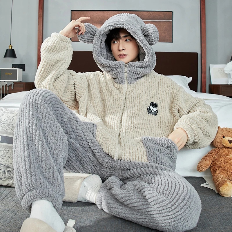 加厚冬季男士珊瑚绒睡衣连帽套装拉链款男生冬天外穿保暖家家父母