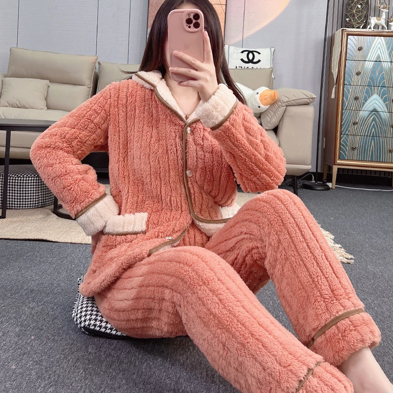 冬季新款加绒加厚睡衣女士韩版妈妈装珊瑚绒秋冬款法兰绒家居服