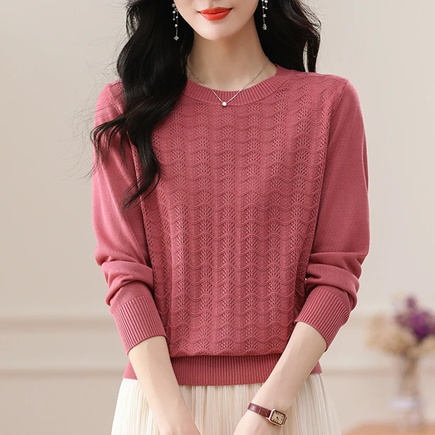 秋冬新款天丝长袖针织衫高档百搭圆领宽松洋气中老年女装妈妈装