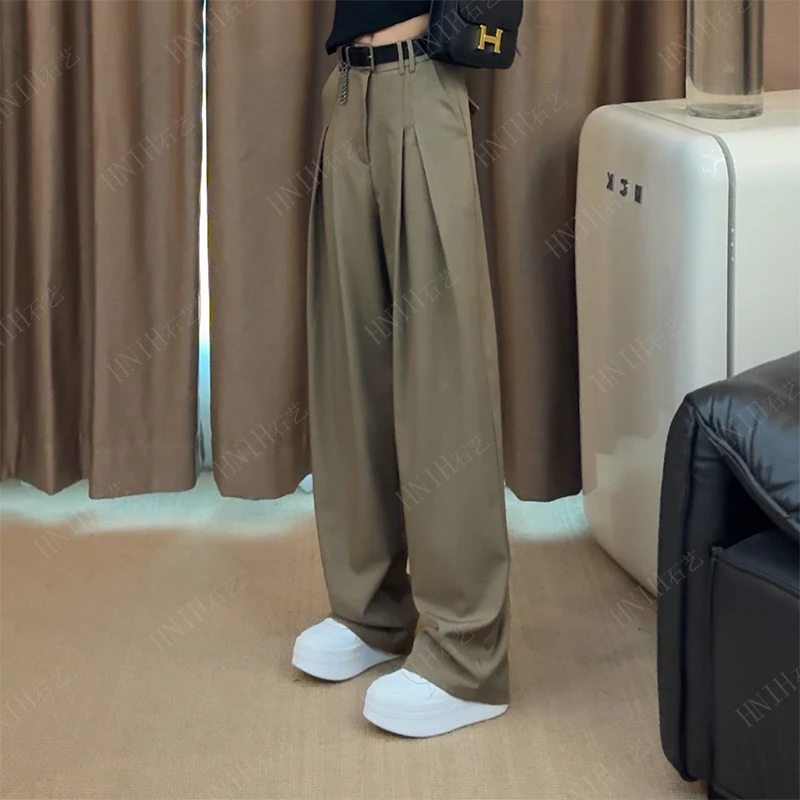 HNIH2024春夏季显瘦休闲百搭垂感褶皱宽松高腰80522西装直筒裤