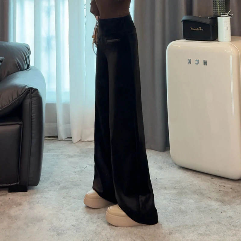 （石艺）2023春秋新款显瘦休闲丝绒宽松直筒80447高腰阔腿裤春秋