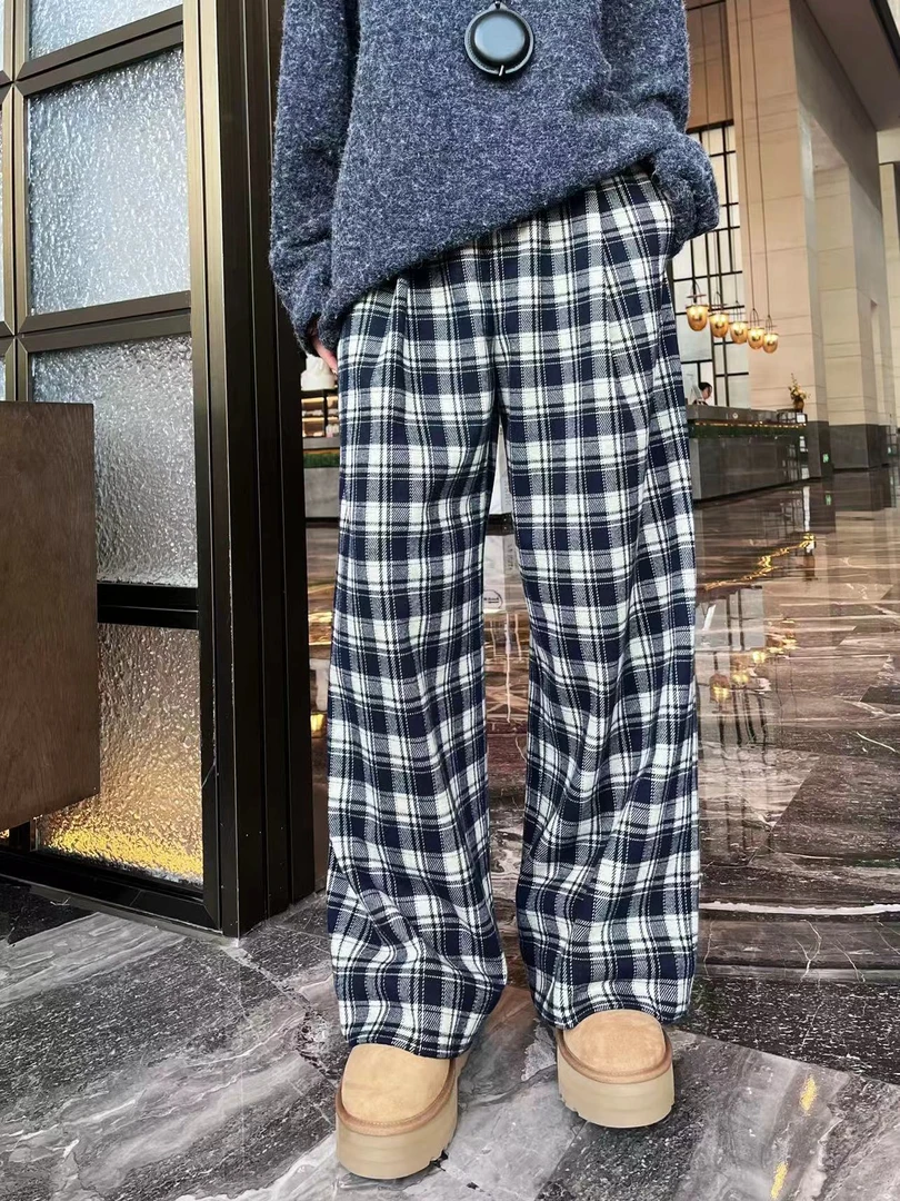 设计师原创新款休闲百搭显瘦宽松慵懒感直筒阔腿格子裤Z344069