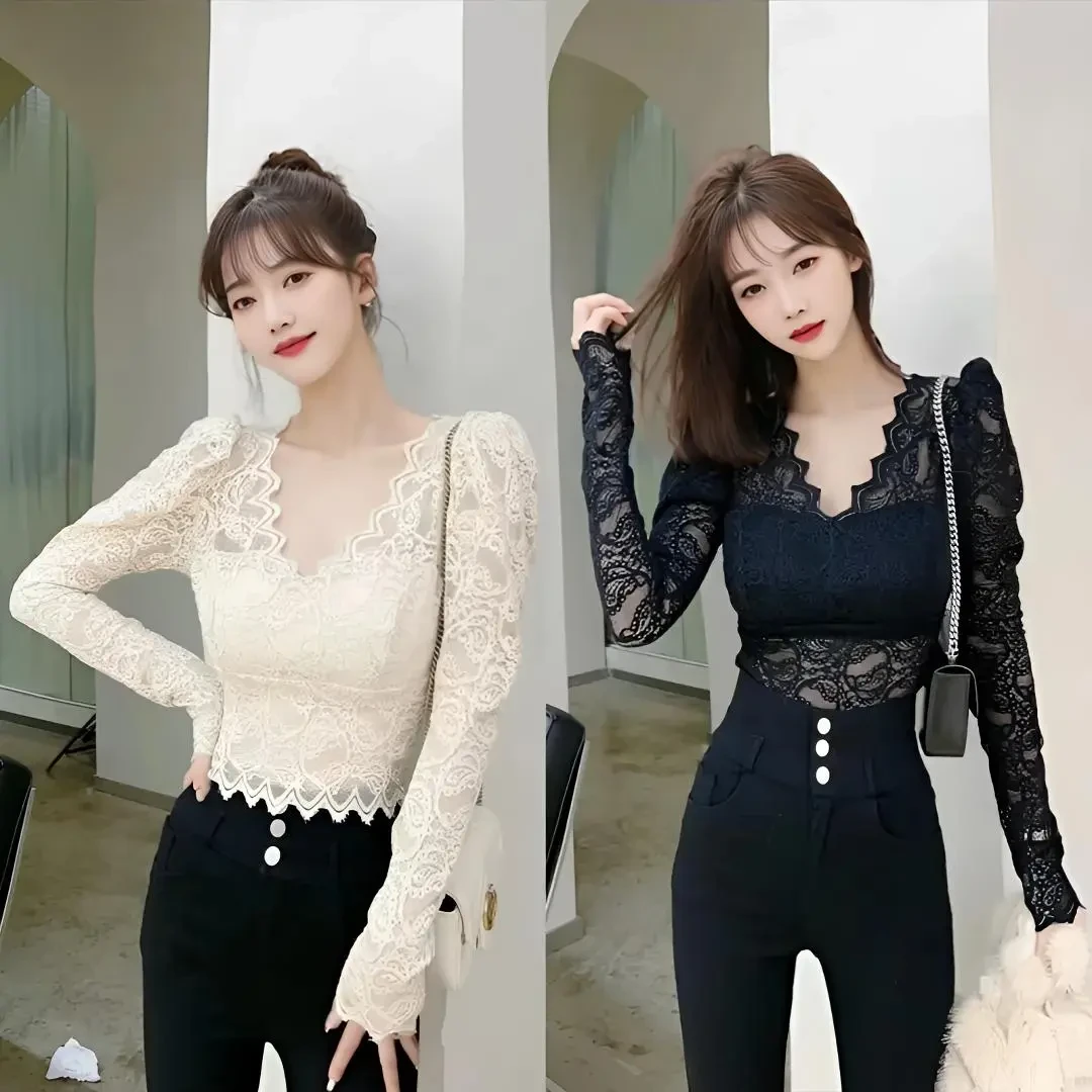 法式V领镂空蕾丝上衣（带杯垫）2608#气质时尚蕾丝打底衫加绒拼接