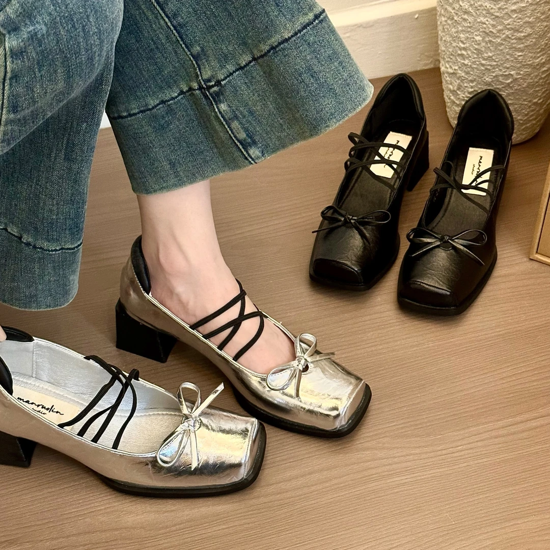 少女感!时髦方头蝴蝶结粗跟气质单鞋G2189