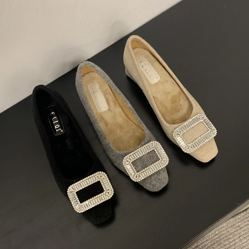 水钻方扣浅口加绒豆豆鞋秋冬新款方头粗跟单鞋配裙子G2630