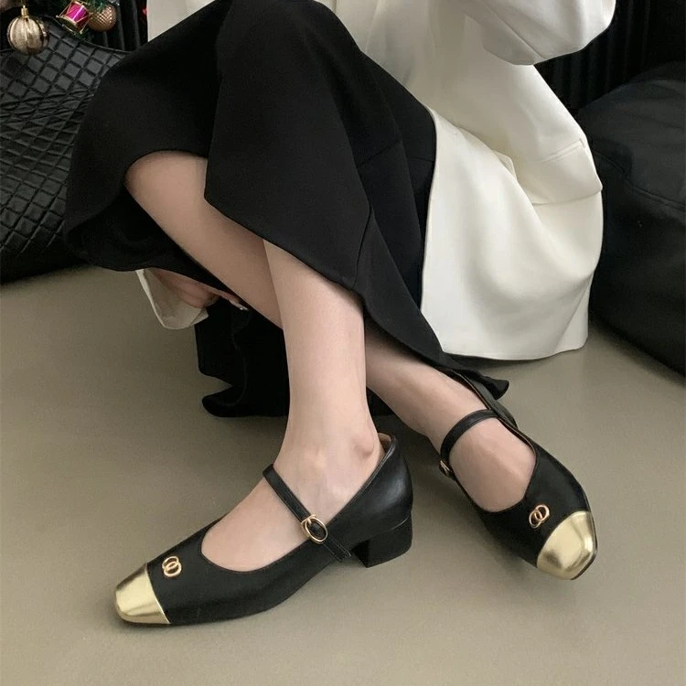 法式中跟黑色玛丽珍单鞋女晚晚小香风方头复古女鞋G629