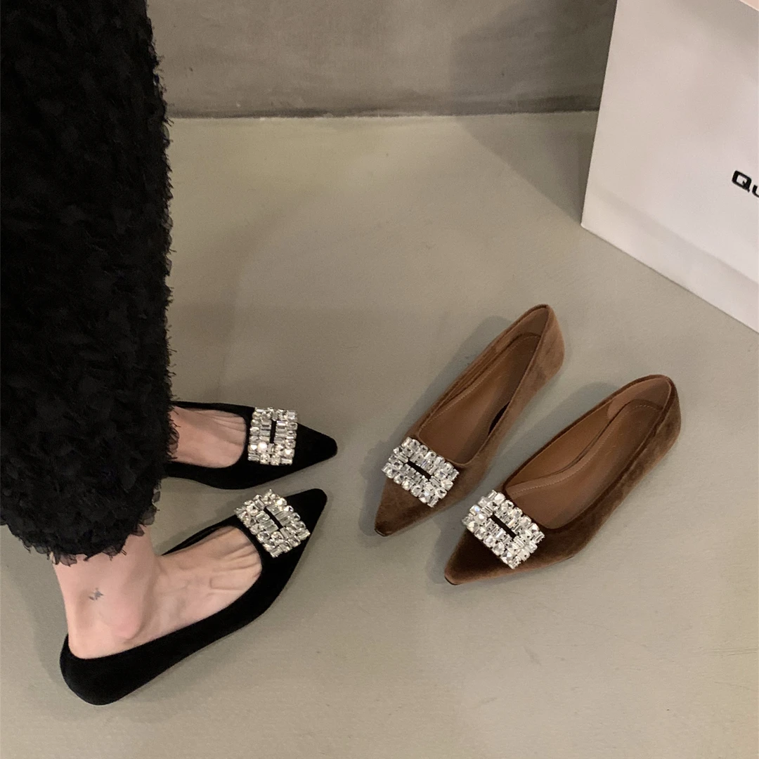 法式气质黑色名媛尖头单鞋女鞋子平底水钻高级感G668