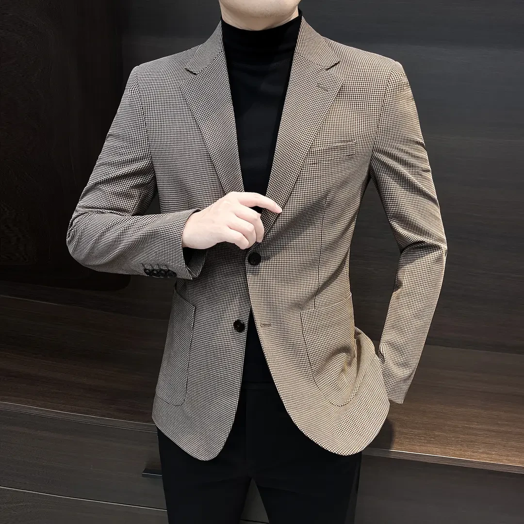 千鸟格休闲西装外套男款英伦雅痞风格男装秋季痞帅潮流男士小西服