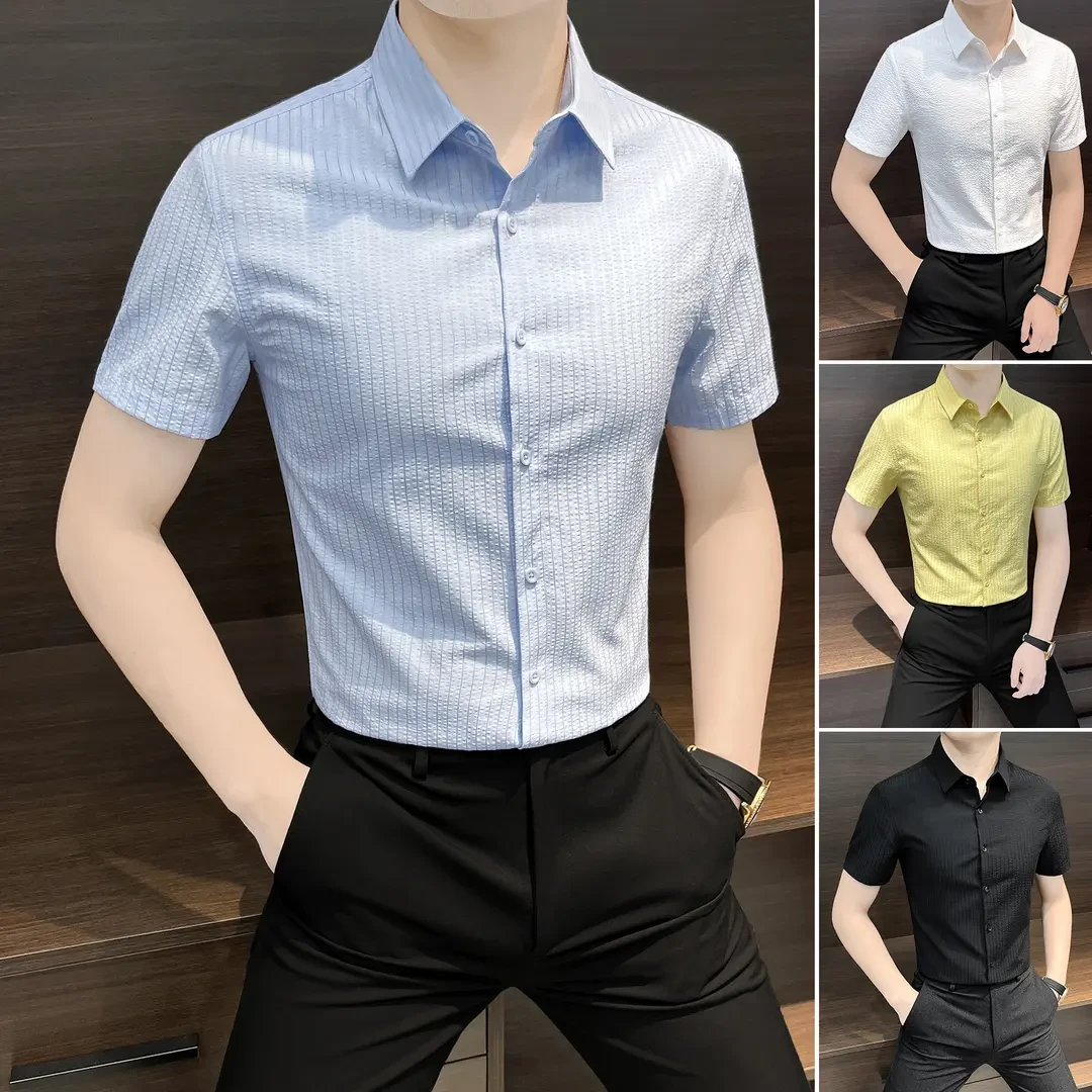 泡泡纱短袖衬衫男款痞帅高级感夏季冰丝薄款商务休闲条纹男士衬衣