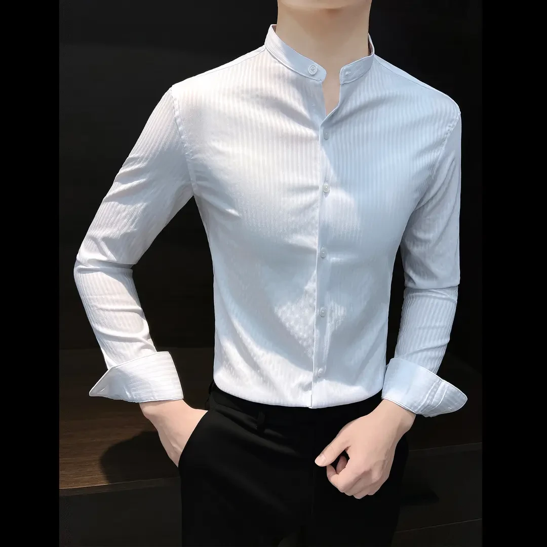 立领衬衫男春季商务休闲中山领男士条纹衬衣痞帅高级感新中式男装