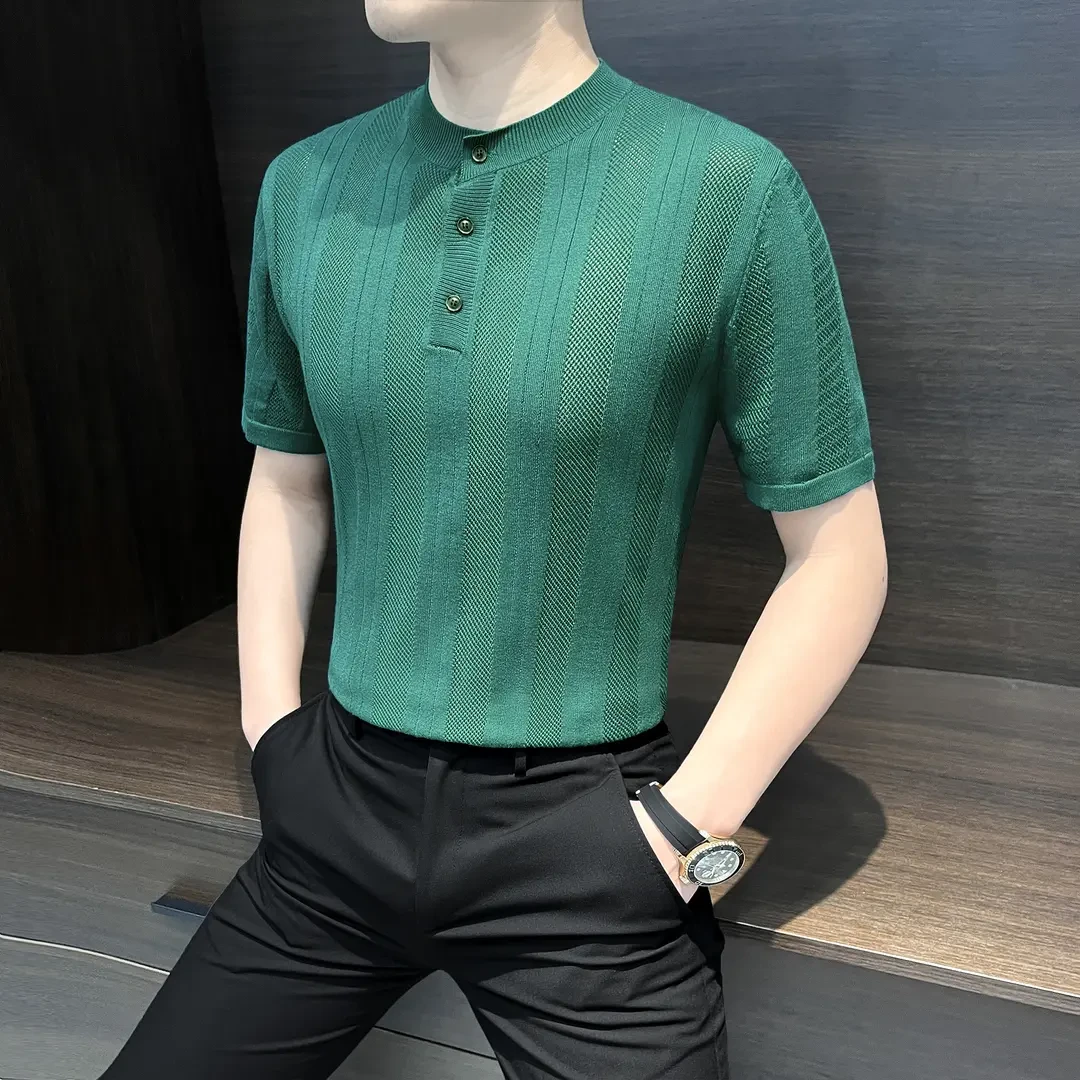 亨利领polo男夏季薄款新中式立领男装条纹镂空男士短袖T恤针织衫