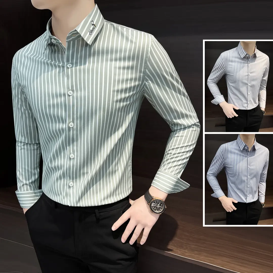 条纹长袖衬衫男款爆款2025新款高级感商务休闲上档次刺绣男士衬衣