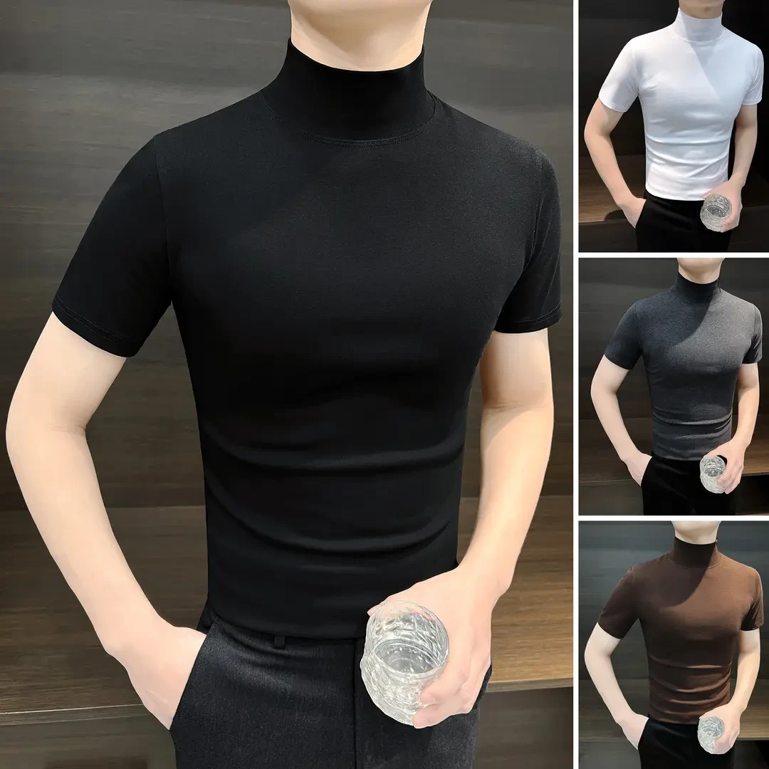 半高领短袖T恤男款2025新款爆款痞帅高级男装加绒秋冬男士打底衫