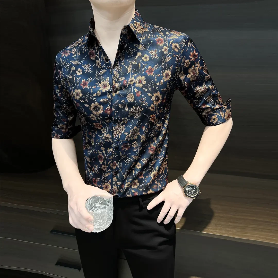 七分袖碎花衬衫男士痞帅高级感夏季薄款冰丝国风印花男款短袖衬衣