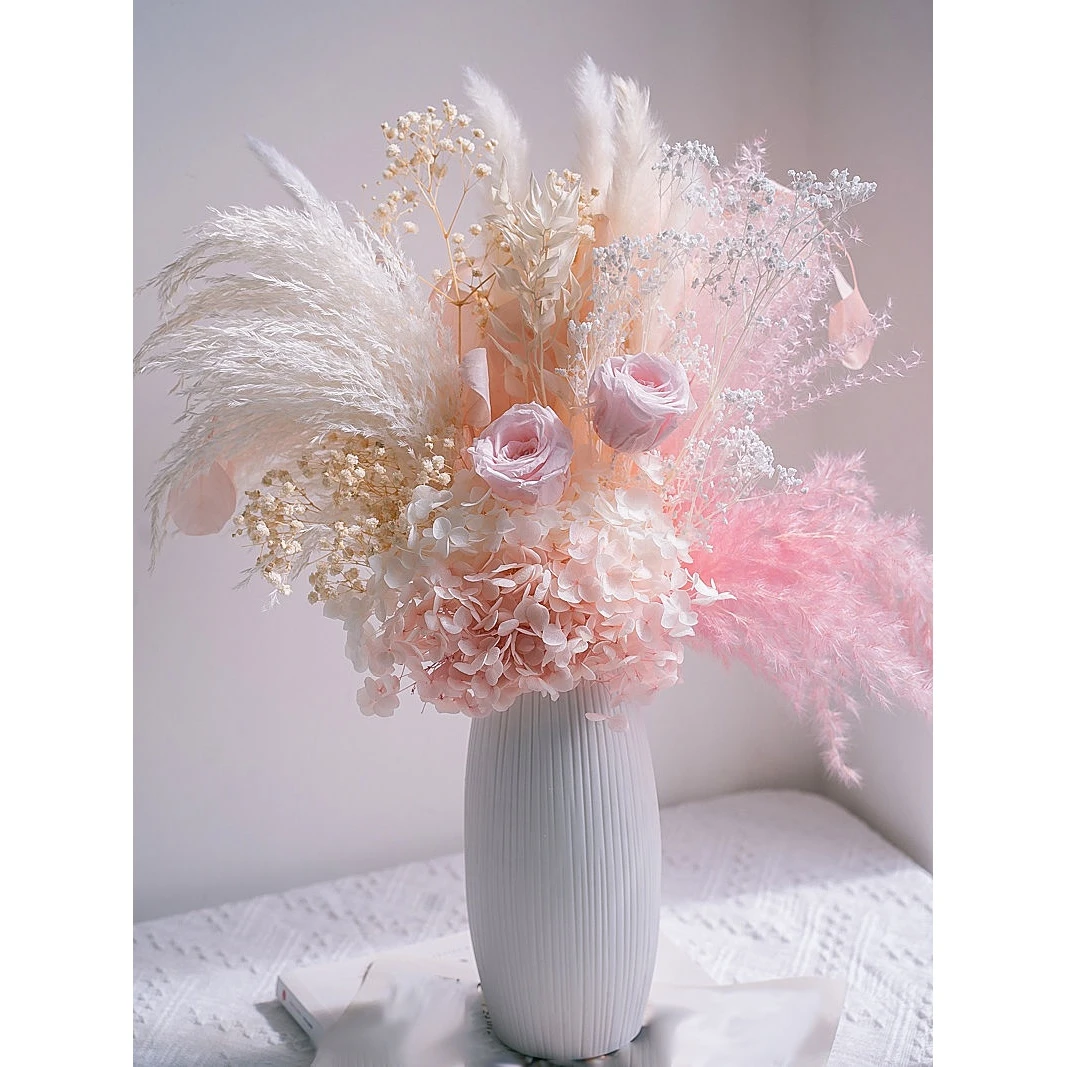 永生玫瑰蓬莱松满天星花束ins网红真花干花花束家居装饰桌面摆件~