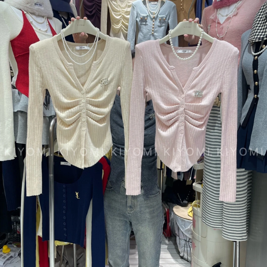 （海狮）秋季新款V领小众气质纯欲辣妹风修身显瘦褶皱打底针织衫女