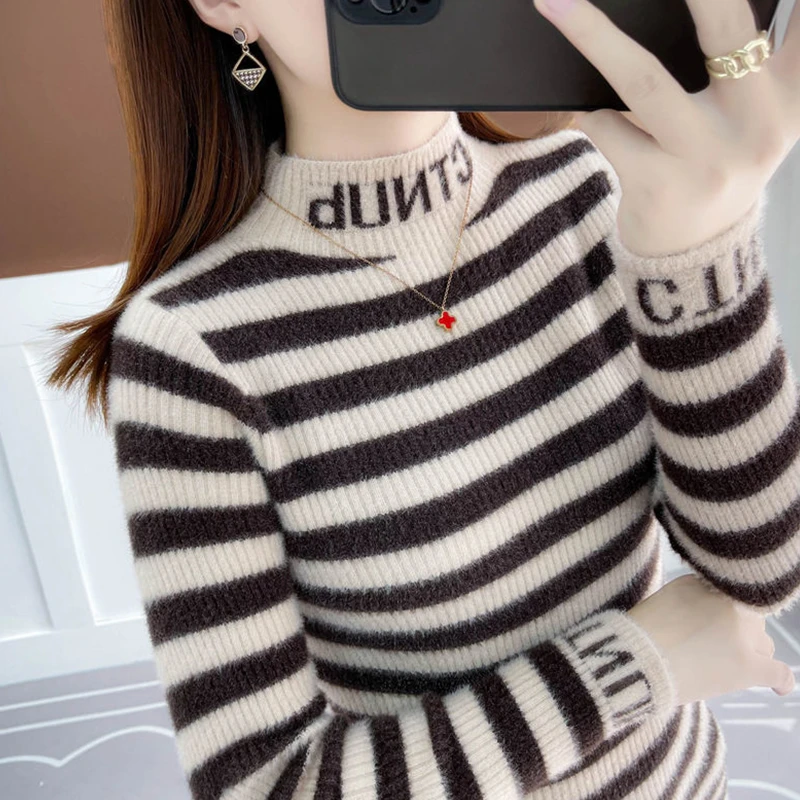 羊毛衫女士百搭半高领针织衫2024秋冬春打底时尚修身条纹保暖内搭