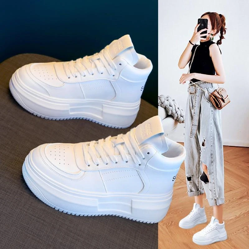 万达撤柜头层牛皮高帮小白鞋女潮2025春季百搭内增高休闲厚底显瘦