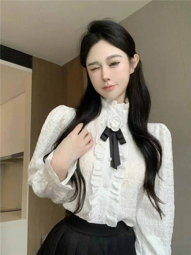 2024年秋装新款山茶花宫廷风半高领长袖衬衫带花朵