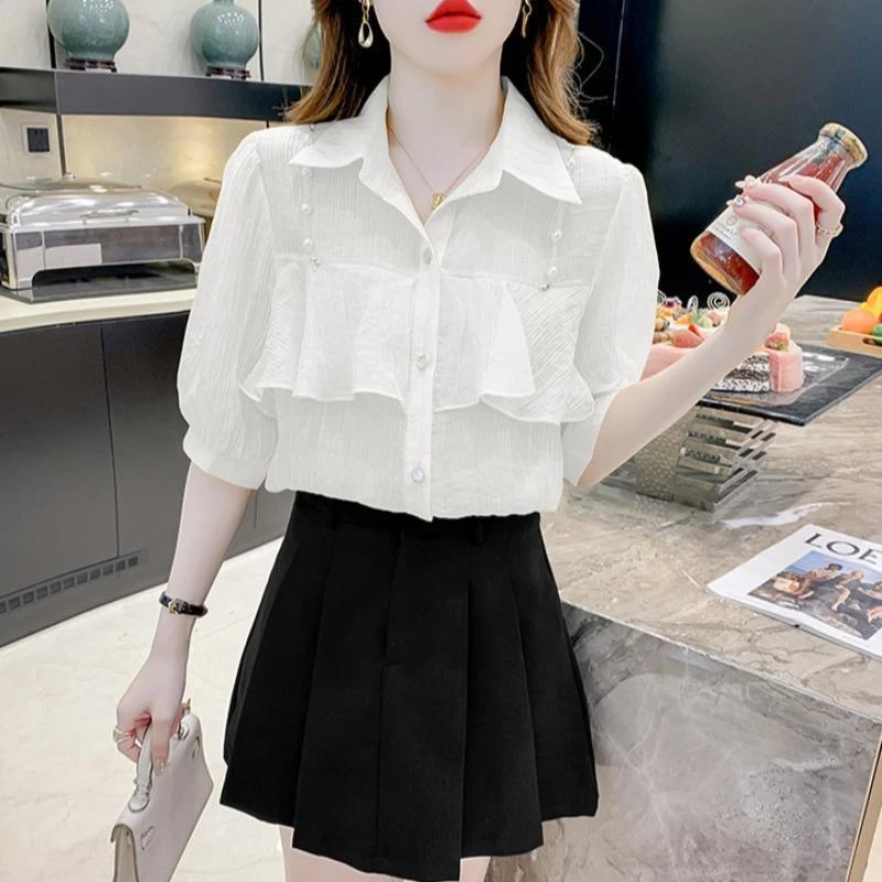 高级感荷叶边白色短袖衬衫女夏季设计感小众法式洋气减龄雪纺上衣
