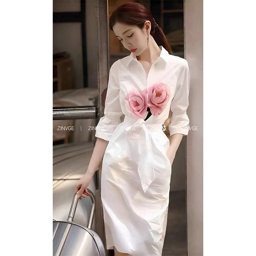 法式独特绝美小裙子风情万种的白色印花衬衫连衣裙女夏季2024新款
