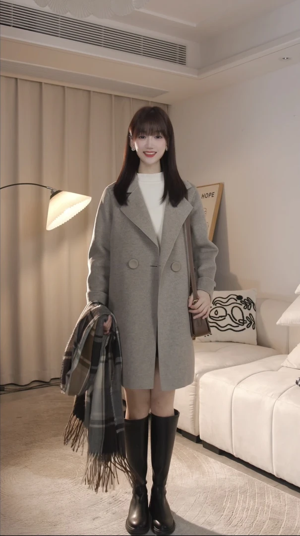 新23198气质时尚百搭中长款韩版双面呢大衣秋冬微宽松羊毛大衣