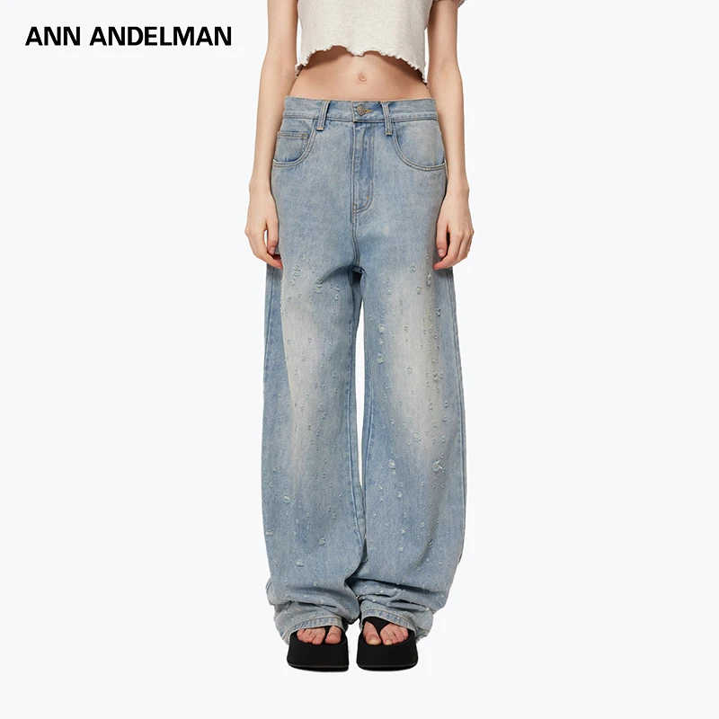 【商场同款新品】ANN ANDELMAN25春夏渐变做旧破洞直筒蓝色牛仔裤
